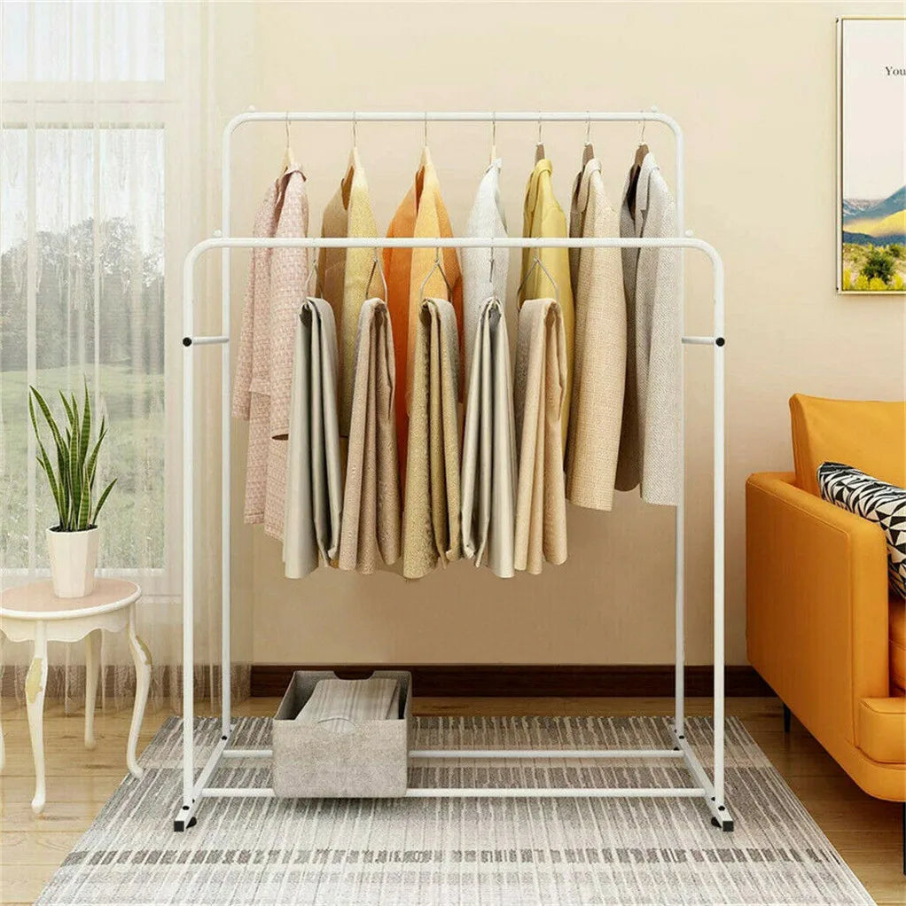 Super Strong Metal Clothing Garment Rack Cloth Hanger Display Rack Stand with Wheel and Storage Two Top Rod