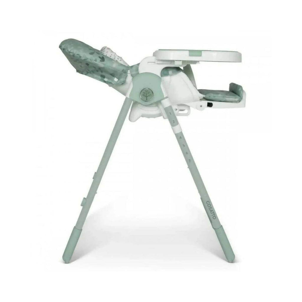 Mint and white high chair side view with table tray, harness, and four-leg stand
