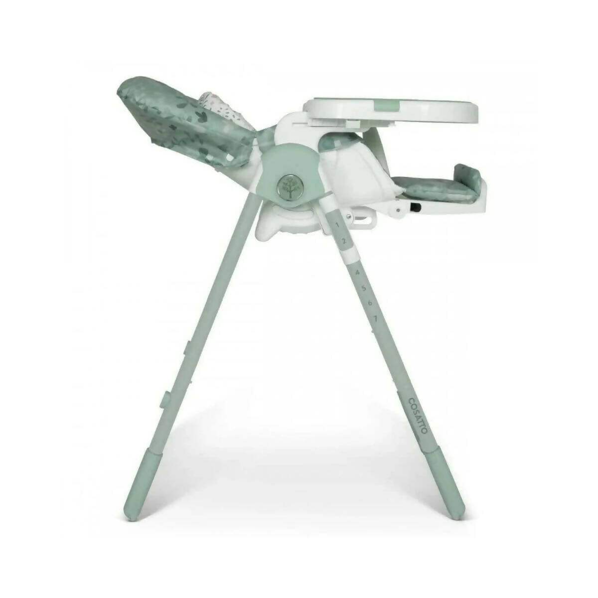Mint and white high chair side view with table tray, harness, and four-leg stand