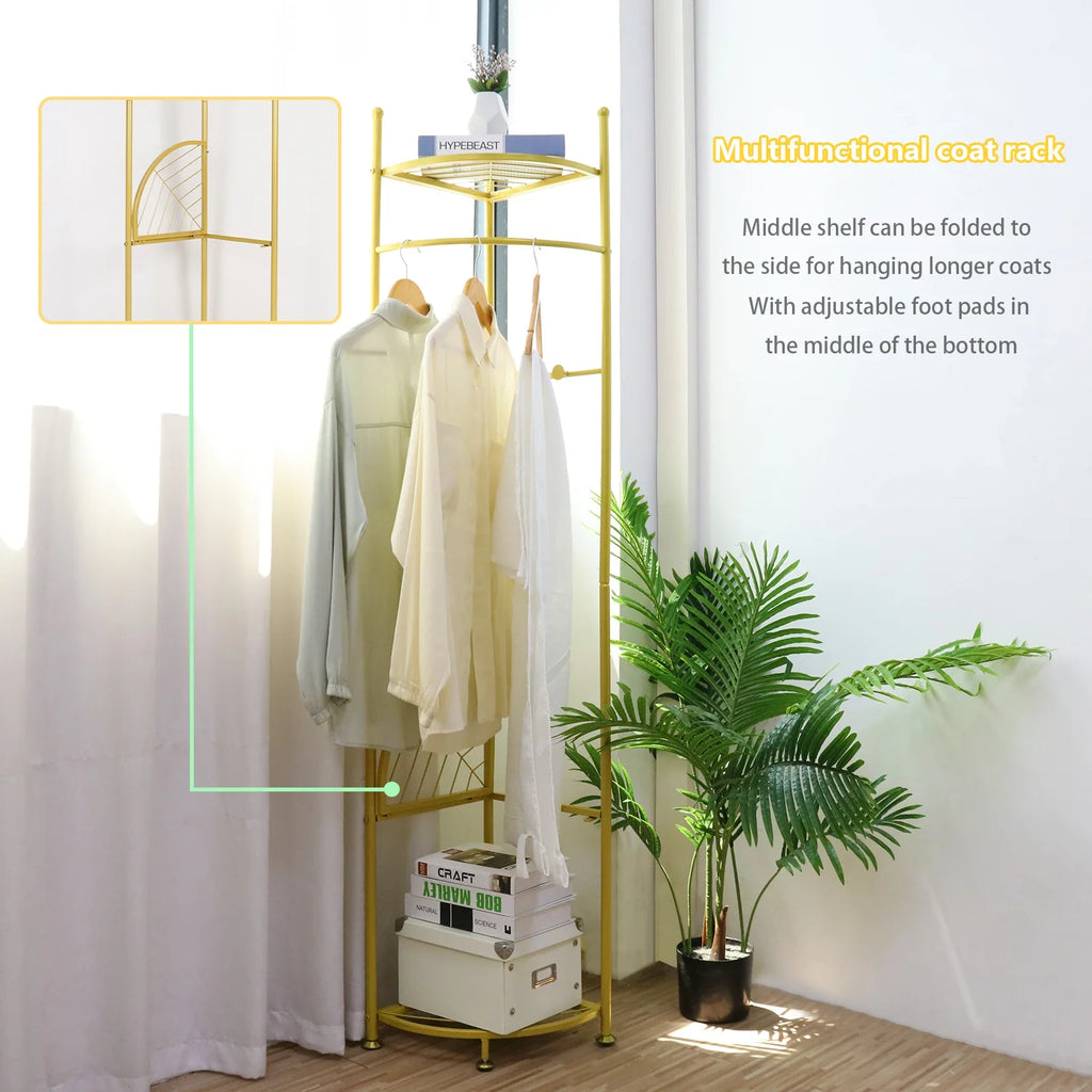 Freestanding Coat Rack with Shelve, Heavy Duty Corner Clothes, Hat Clothes Hall, Tree Stand, Gold Metal, Bedroom, Hallway
