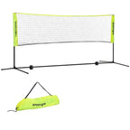Height-adjustable badminton net with black frame and neon yellow carry bag