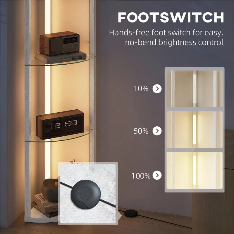White standing LED floor lamp with foot switch and three glass shelves shown
