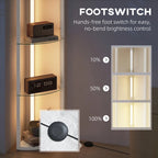 White standing LED floor lamp with foot switch and three glass shelves shown