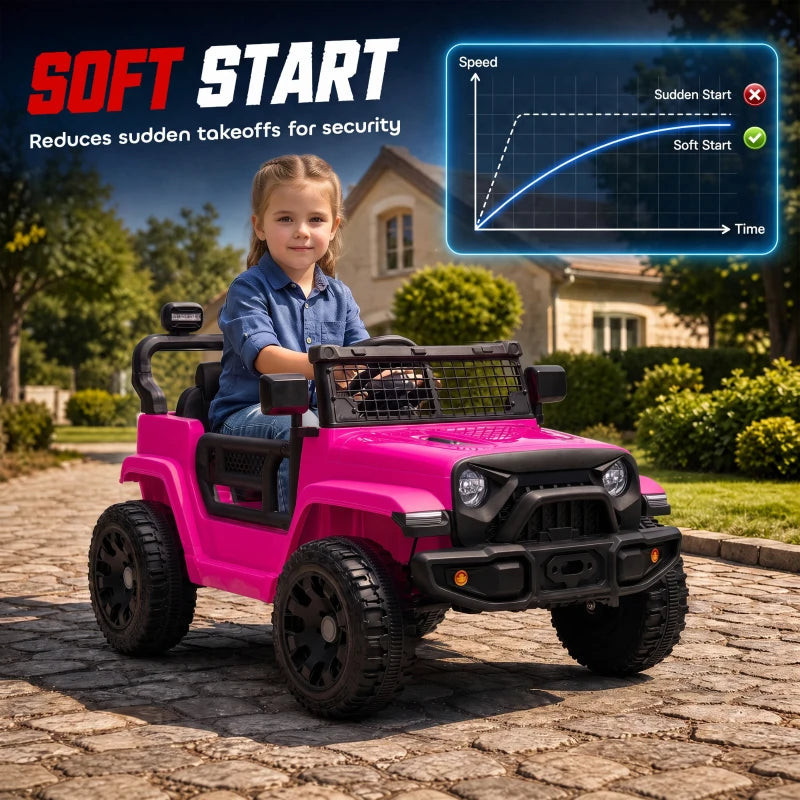 Pink electric ride-on car for kids with steering wheel and dual front headlights