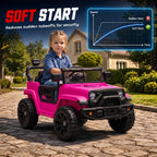 Pink electric ride-on car for kids with steering wheel and dual front headlights