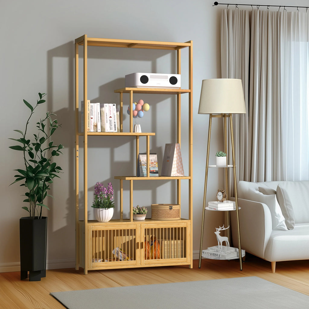 Bamboo Storage Rack Shelving Unit with High and Low Shelves Bookshelf Plant Stand for Home Organization Shelf