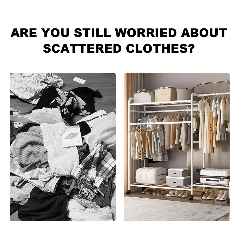 Coat Rack Movable Double Tier - Floor Standing Clothes Rail with Wheels for Bedroom Storage