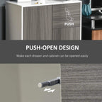 Grey sideboard cabinet showing push-open door and drawer design