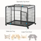 Dark grey metal dog kennel with openable top panel, large front door, and slide-out tray