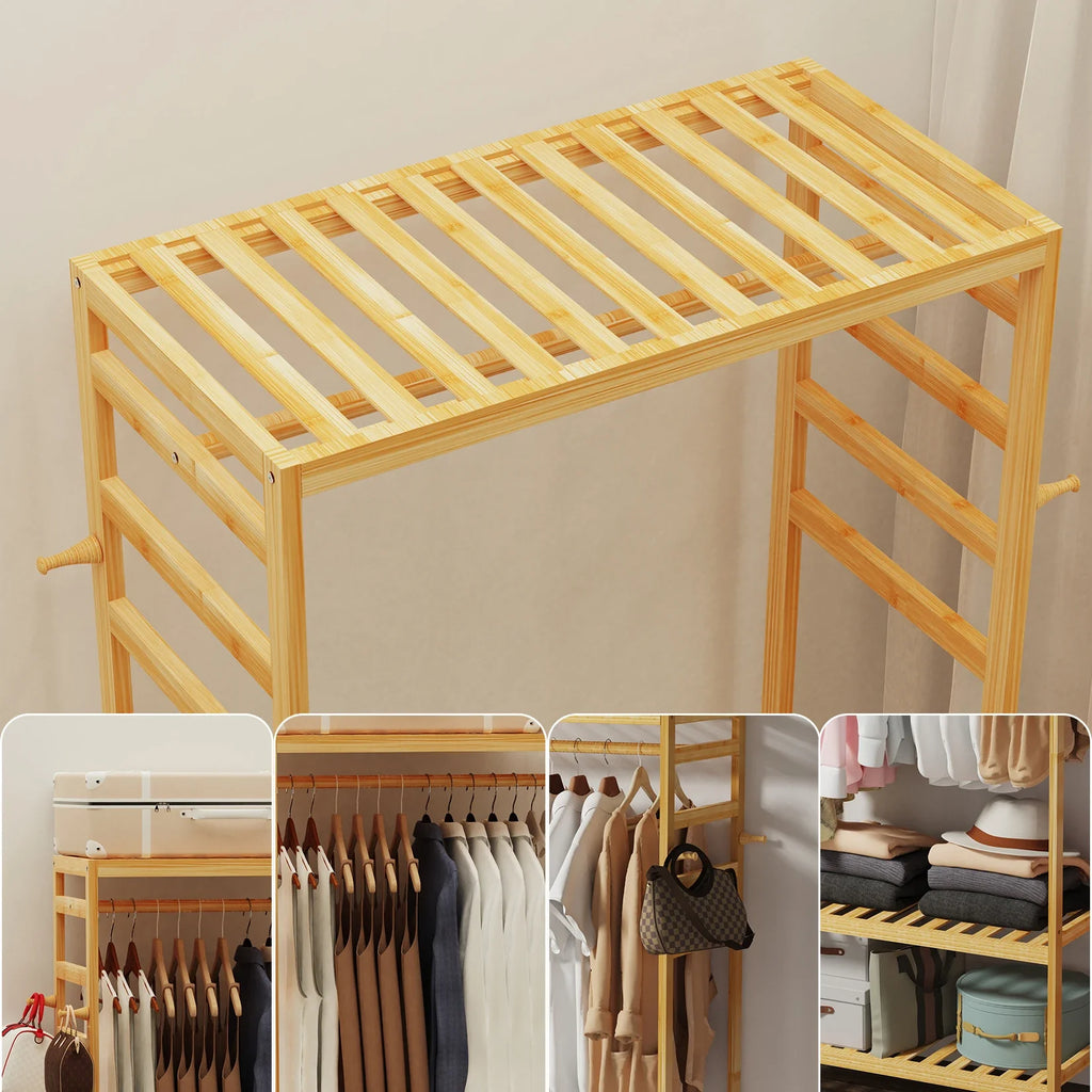 Heavy Duty Wooden Clothes Rail Rack Scarf Cap Garment Hanging Stand Side Hooks Corner Open Wardrobe