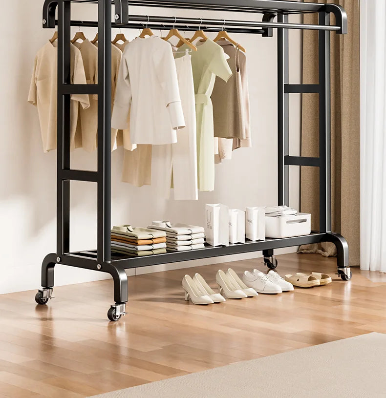 Movable Coat Rack With Universal Wheels Multifunctional Double-deck Simple Clothes Hanger Floor-Standing Bedroom Wardrobe