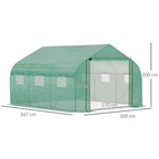 Green walk-in greenhouse with PE cover and mesh door, side view