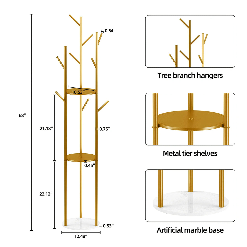 Heavy Duty Marble Coat Rack Stand Gold Metal Tall Clothes Rail Hanger for Bedroom Office Hall