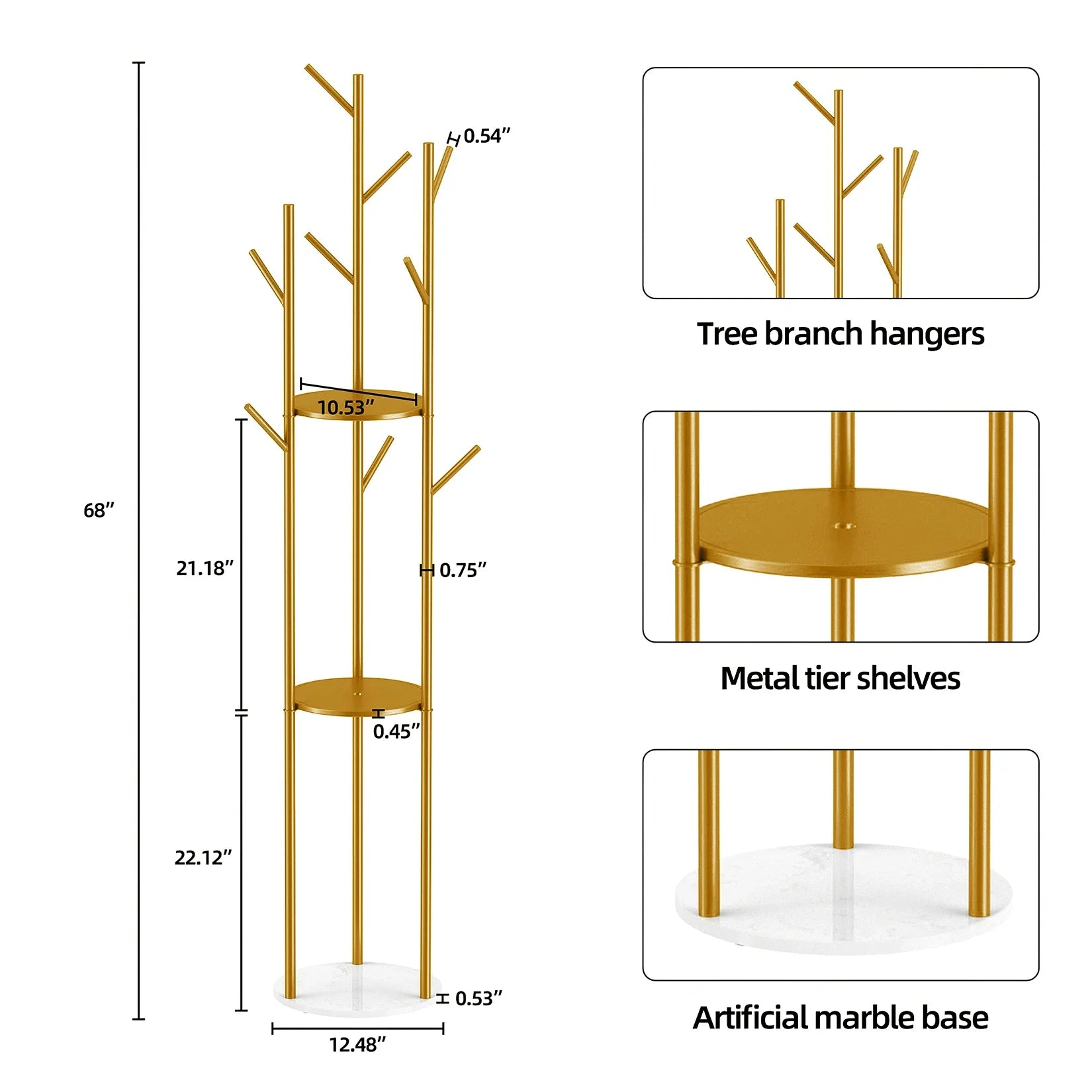 Heavy Duty Marble Coat Rack Stand Gold Metal Tall Clothes Rail Hanger for Bedroom Office Hall