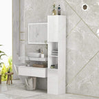 White high-gloss freestanding bathroom cabinet with open door and side shelves