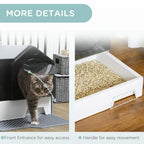 Grey enclosed cat litter box details: front entrance opening and side carrying handle.