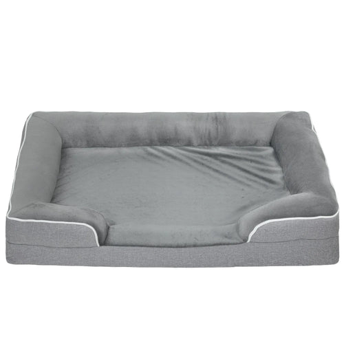 Grey pet sofa bed with cushioned base and raised side bolsters