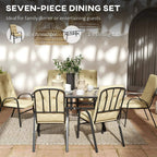 Seven-piece beige dining set with six cushioned armchairs and square dining table