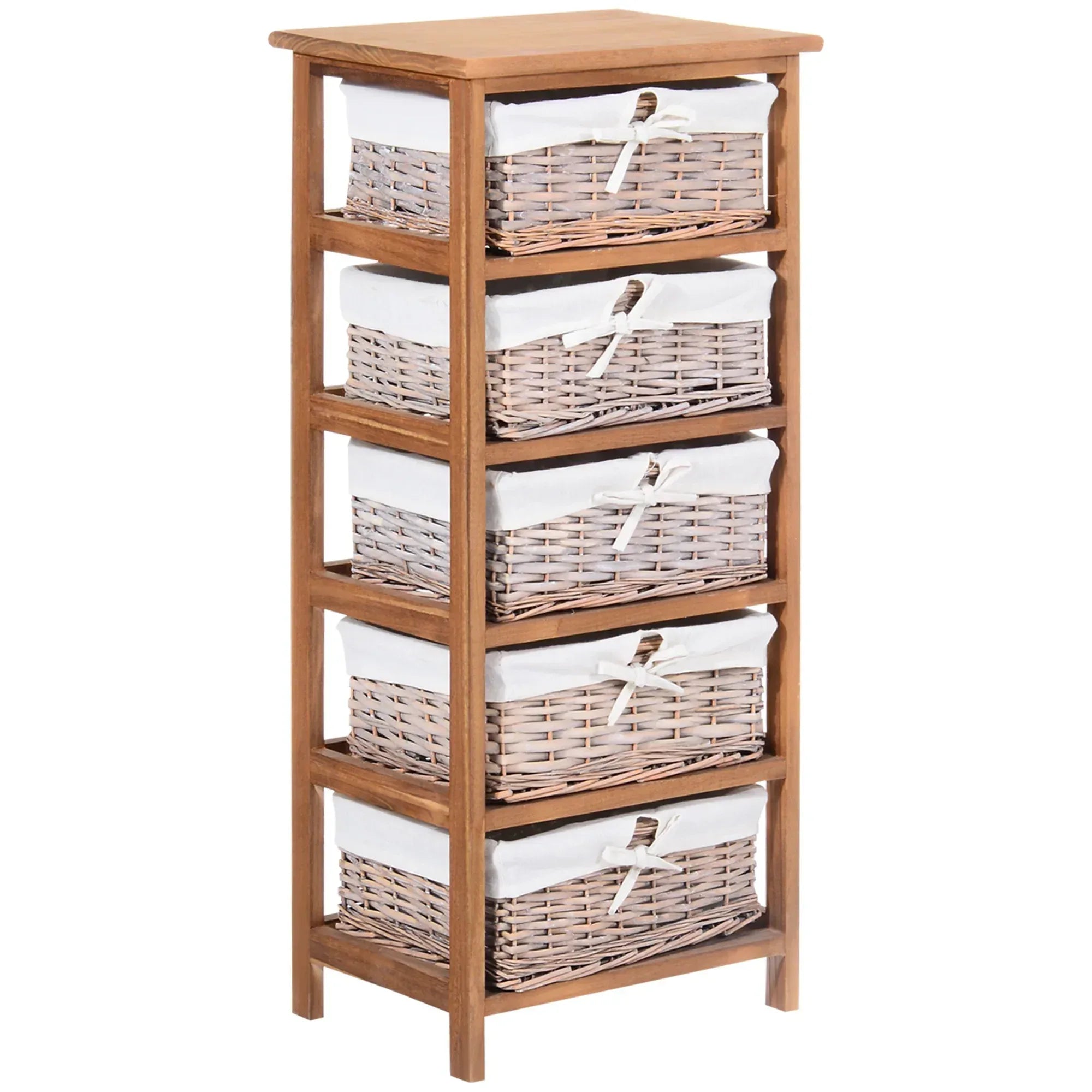 5 Drawer Dresser Wicker Basket Storage Shelf Unit Wooden Frame Home Organisation Cabinet Bedroom Office Furniture Natural Finish - Bobobiy