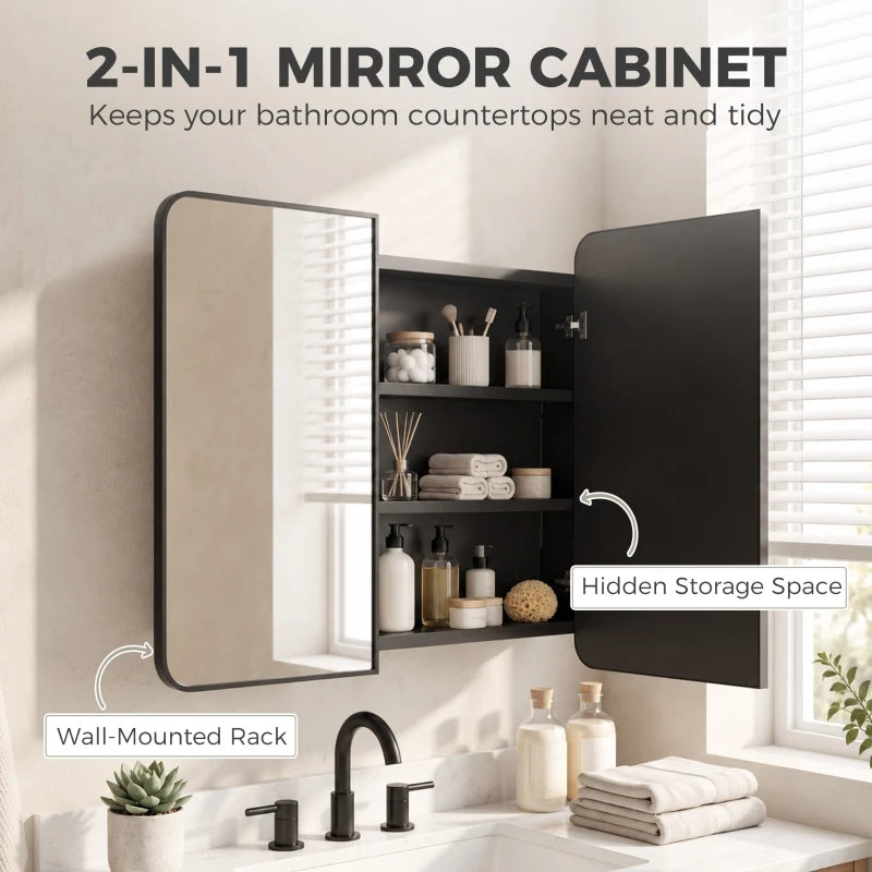 Black bathroom mirror cabinet opened to show interior shelves and hidden storage space