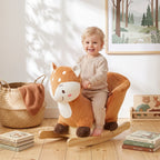 Brown plush deer rocking horse with wooden rockers and cushioned seat
