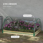 Raised garden bed greenhouse with clear PVC cover and roll-up end windows, planted with flowers