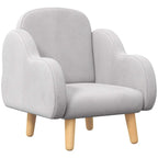Grey kids armchair with cushioned back, armrests, and light wood legs