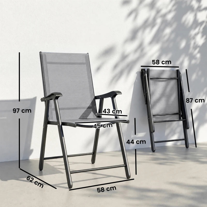 Light gray high-back folding garden chair with armrests; open and folded views