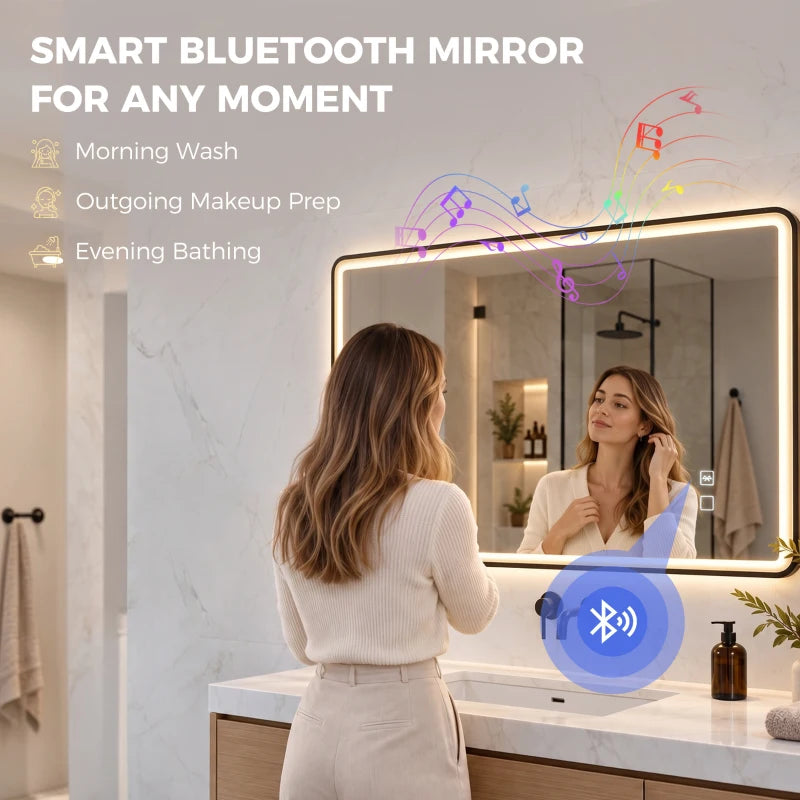 Black rectangle LED bathroom mirror with glowing edge and small control icons
