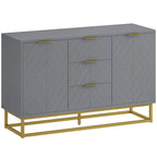 Grey sideboard cabinet with 3 drawers and double doors, gold bar handles