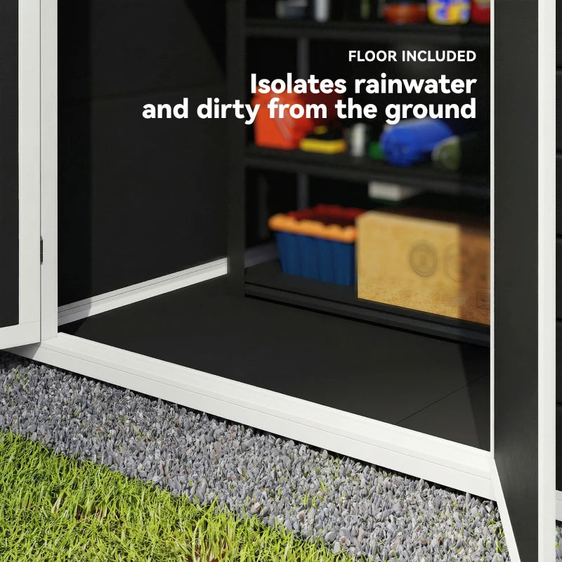 Garden storage shed interior with included floor base and enclosed bottom pan