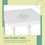 White plastic square accent table with subtle grid pattern on tabletop