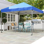 Blue pop-up gazebo with canopy over patio seating area, framed legs visible
