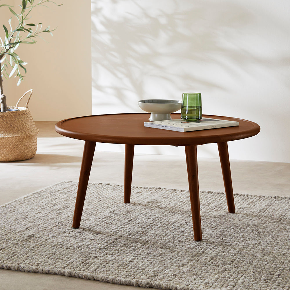 Wooden coffee table with decorative items in a room with a plant and rug.
