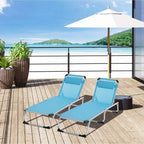 Blue foldable reclining lounge chairs set of 2 with adjustable back on wooden deck