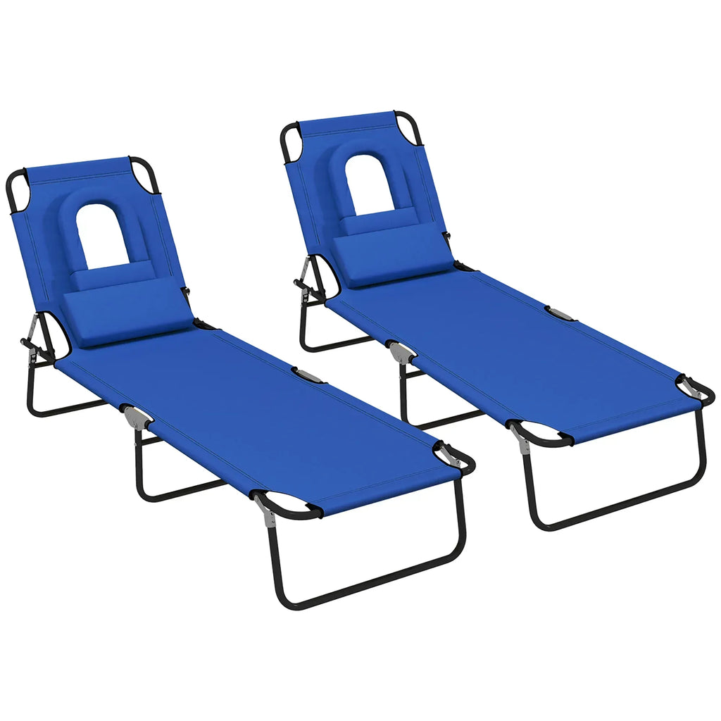 Folding Sun Loungers Set of 2 with Face Hole, 4-Position Adjustable Backrest Garden Recliner Chairs Sunbeds, Outdoor Lounge Chairs with 600 D Oxford Cloth Seat, Pillow for Beach, Blue - Bobobiy