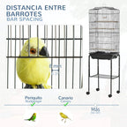 Black bird cage with vertical bar spacing and front access door on wheeled stand
