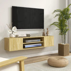 Wall-mounted floating TV stand in natural wood with open shelf and media storage