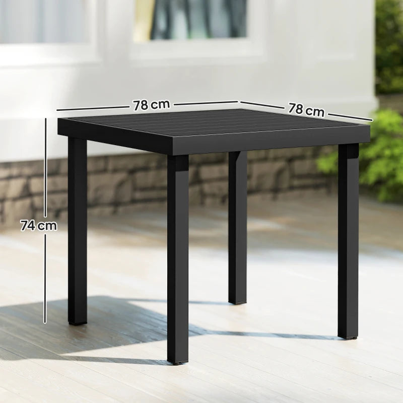 Black square outdoor table with slatted tabletop and four straight legs, 78 cm size