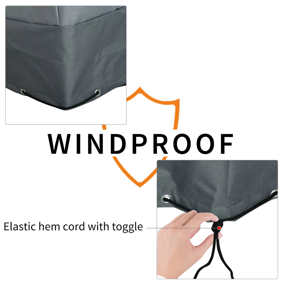 Patio chair cover with elastic hem cord, toggle, and metal eyelets
