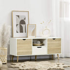 TV cabinet with two door compartments, open center shelf, and center drawer, natural finish.