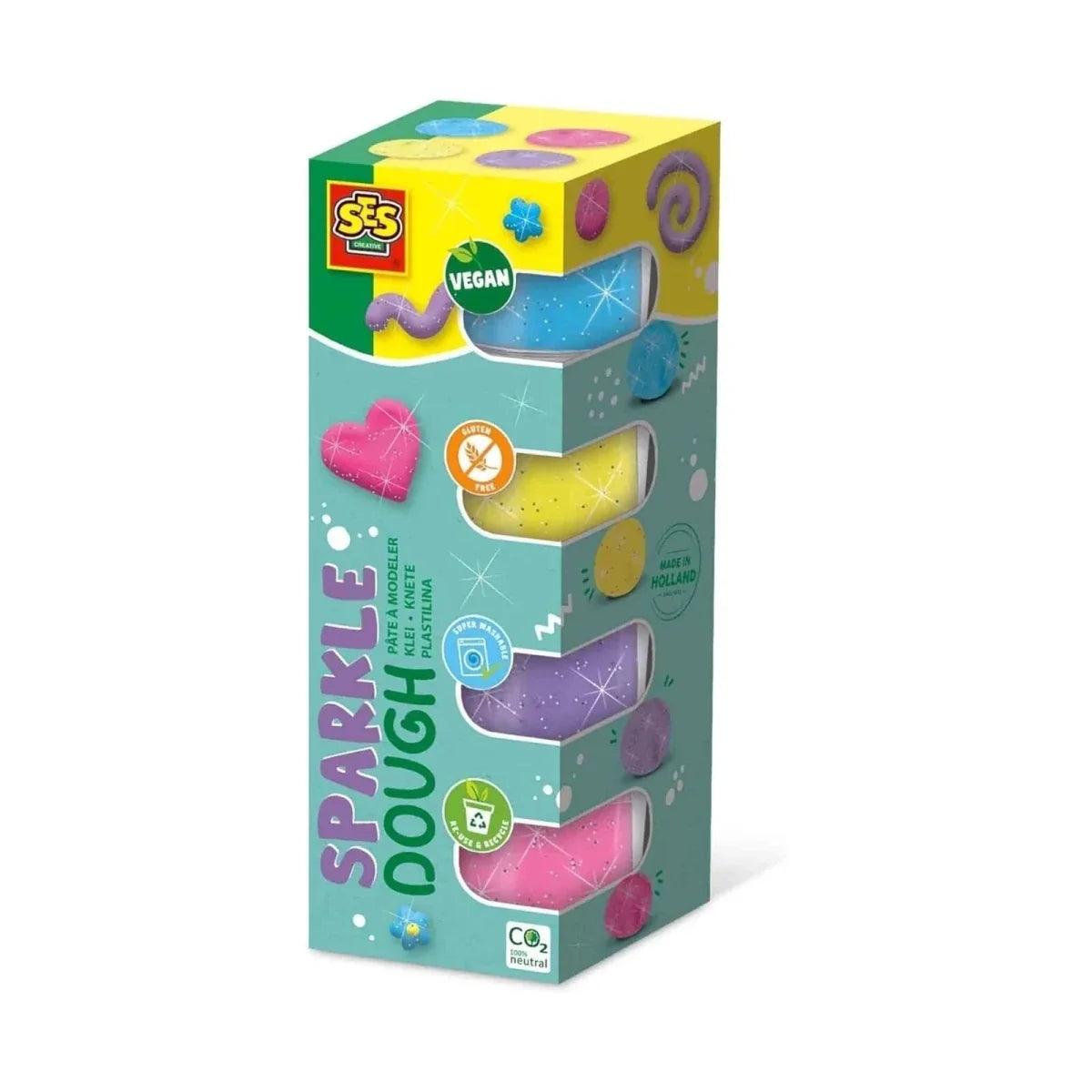 SES Creative sparkle dough set in box, 4 x 90g tubs with glittery colors
