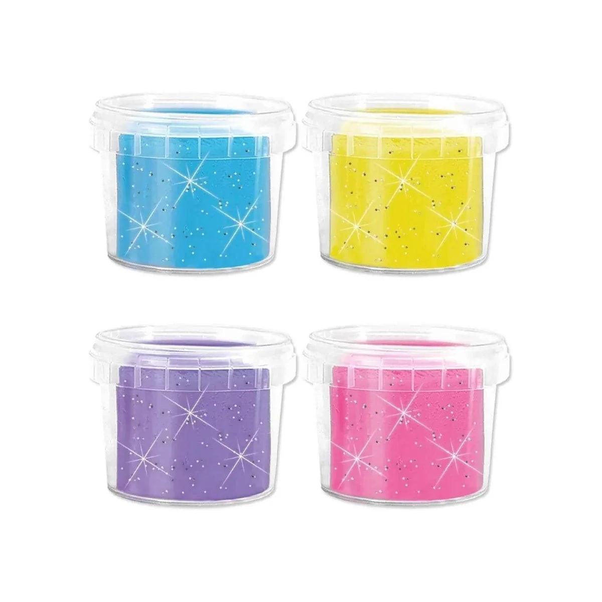 Sparkle dough tubs set: blue, yellow, purple, and pink in clear containers