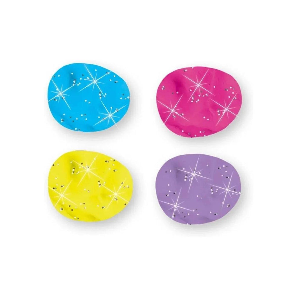 Four sparkle dough pieces with starry glitter: blue, yellow, purple, and pink
