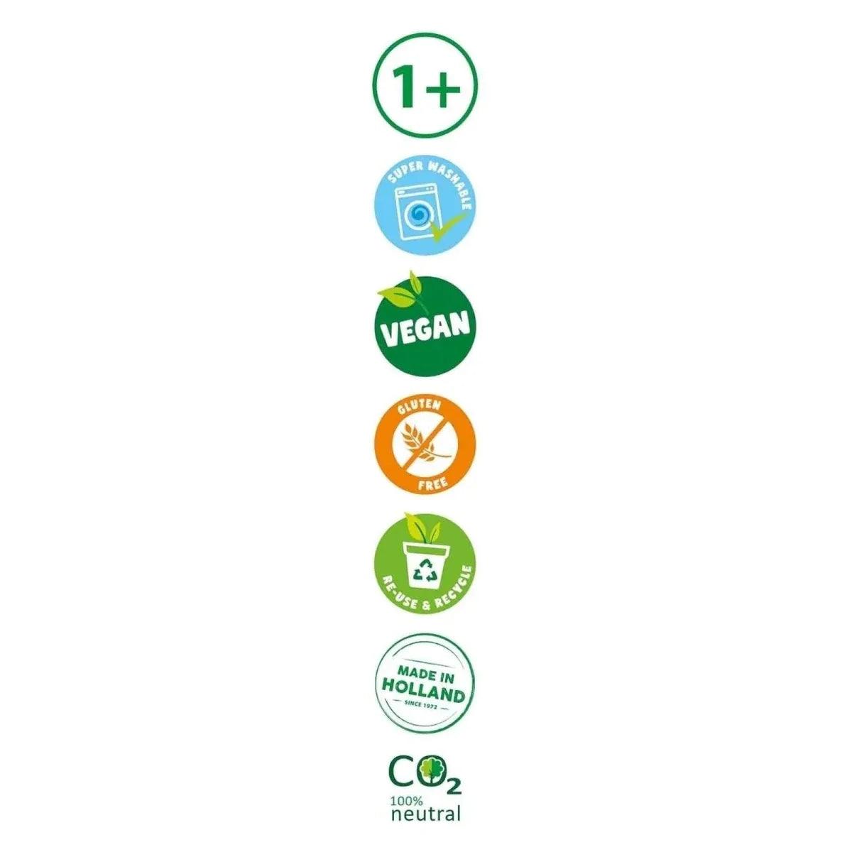 Sparkle dough set label icons: vegan, gluten-free, and CO2 neutral