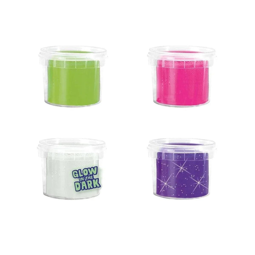 Four tubs of glow dough: lime green, pink, clear glow-in-dark, purple