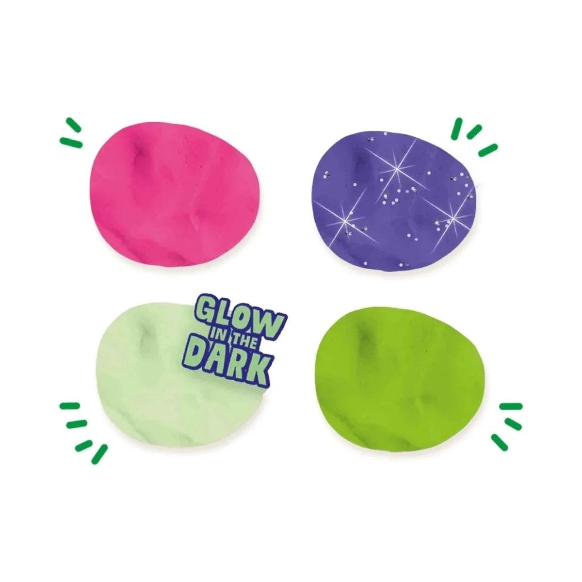 Glow dough pieces in pink, purple starry, mint green, and lime green