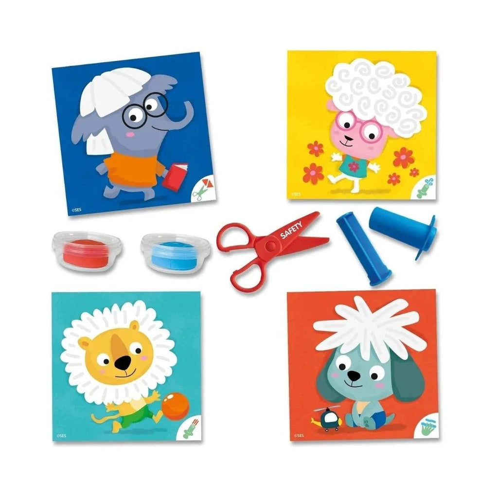 Dough tubs, hairdresser tools, and four animal picture cards for molding
