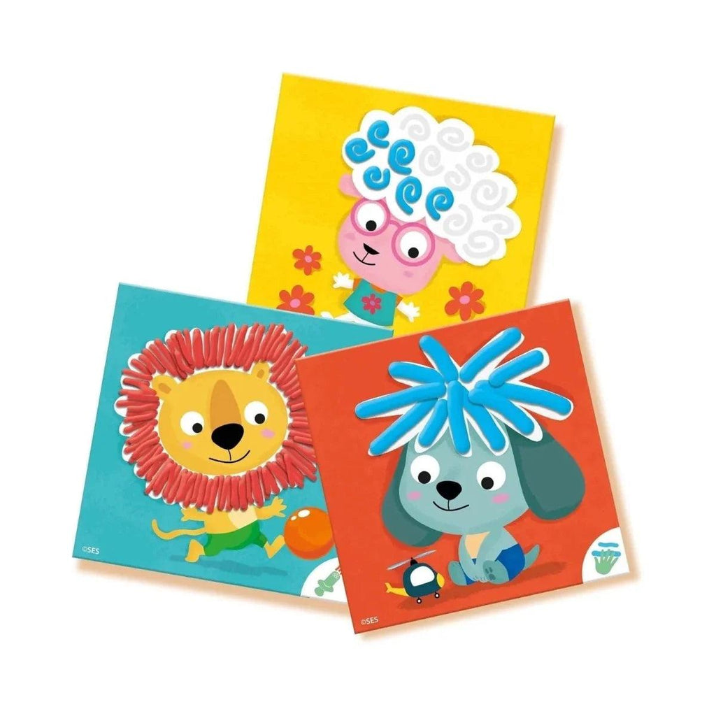 Three animal-themed picture cards: lion, sheep, and bunny faces