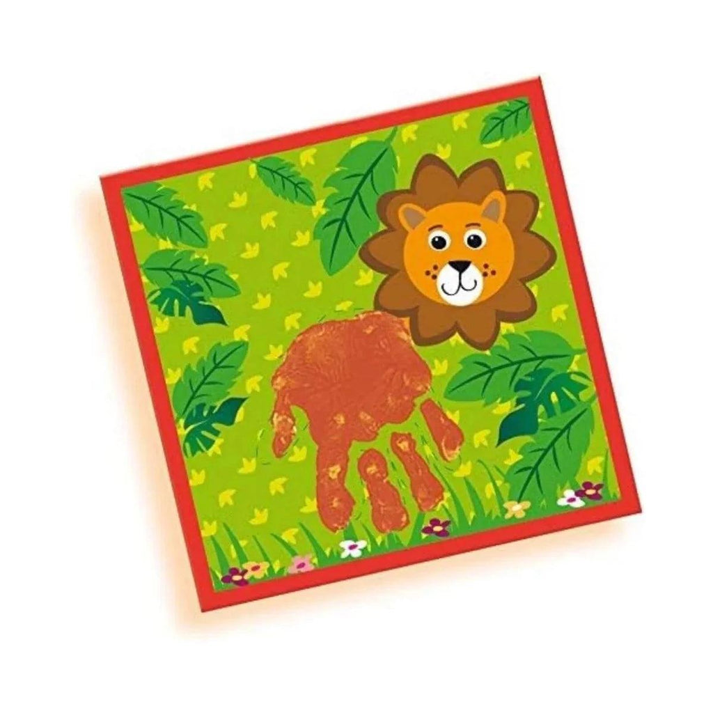 Lion handprint art card with red border, green leaves and yellow accents